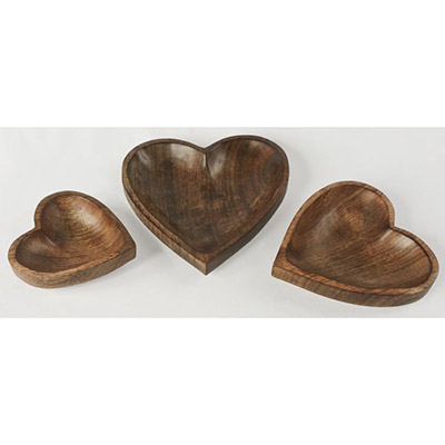Set Of 3 Mango Wood Heart Shaped Trays